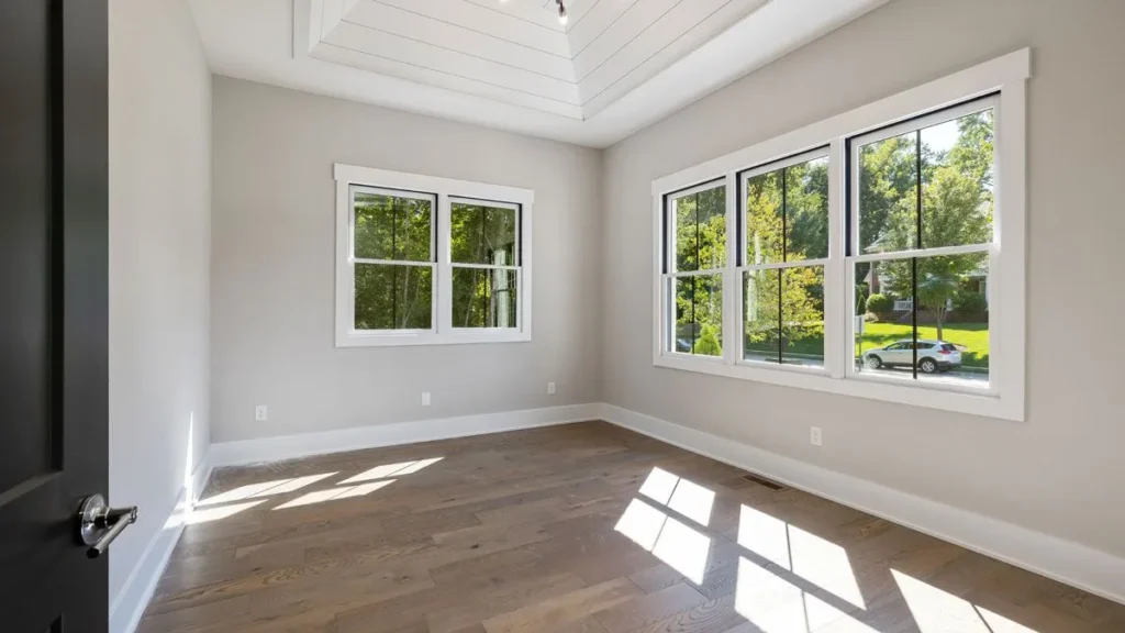 Interior view of a bright, empty sunroom with white trim and hardwood floors.