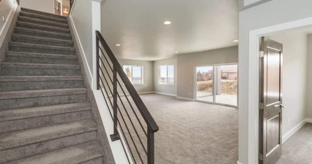 Spacious finished basement with tan carpet, neutral walls, and modern black stair railings.