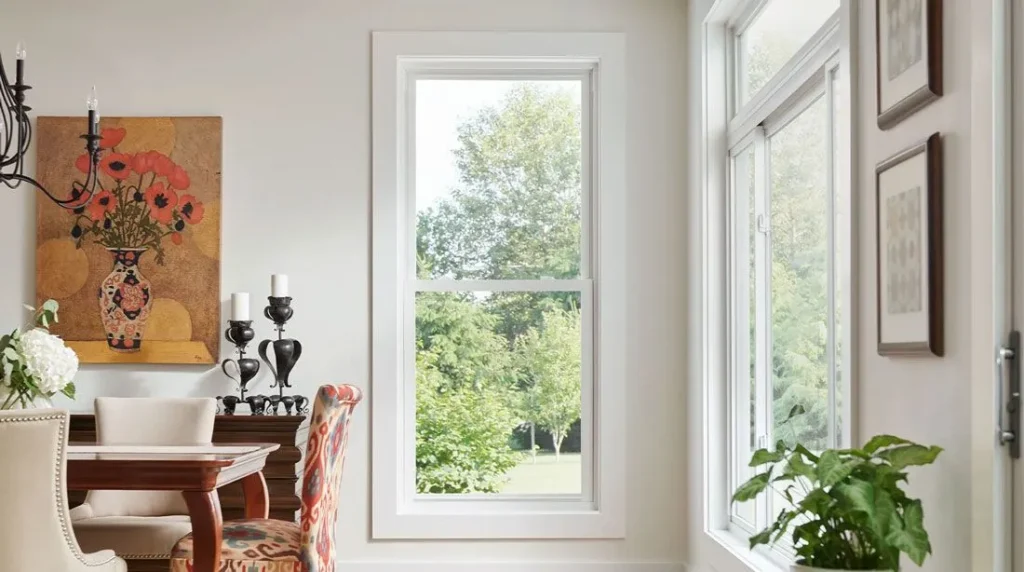 White window frame overlooking a sunlit garden and trees from a dining room.