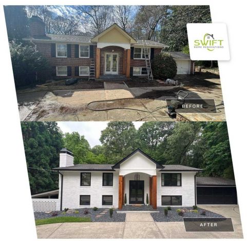 Comparison of a brick house before and after a white paint renovation and landscaping.